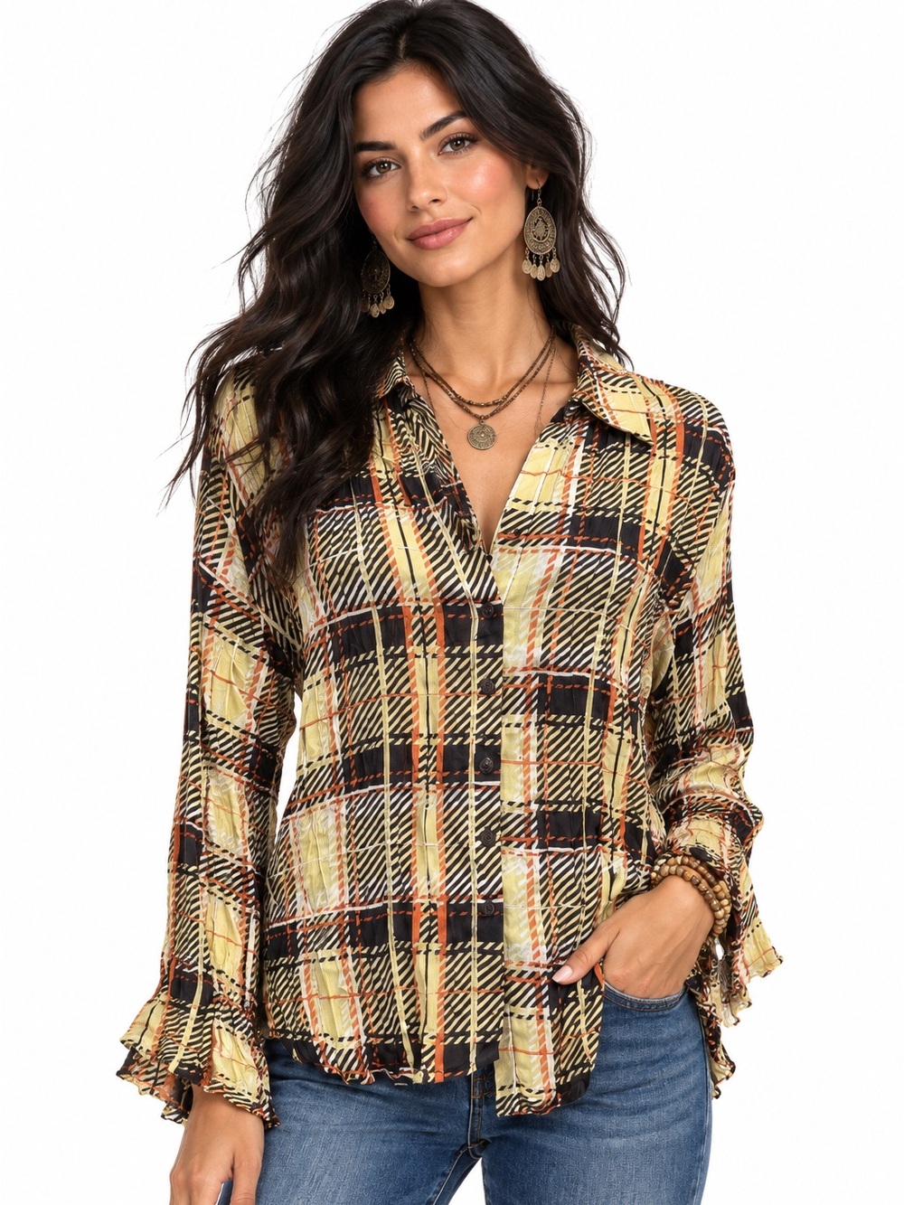 Allison Taylor Yellow, Black and Orange Plaid Button-Down Shirt Medium